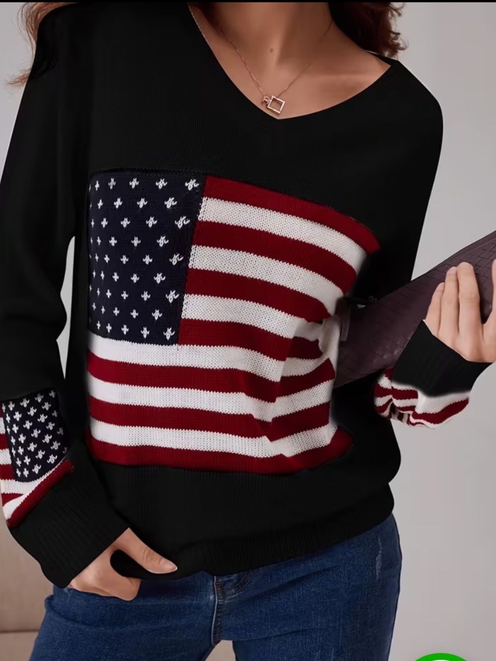 AMERICAN FLAG Black V-Neck Sweater L